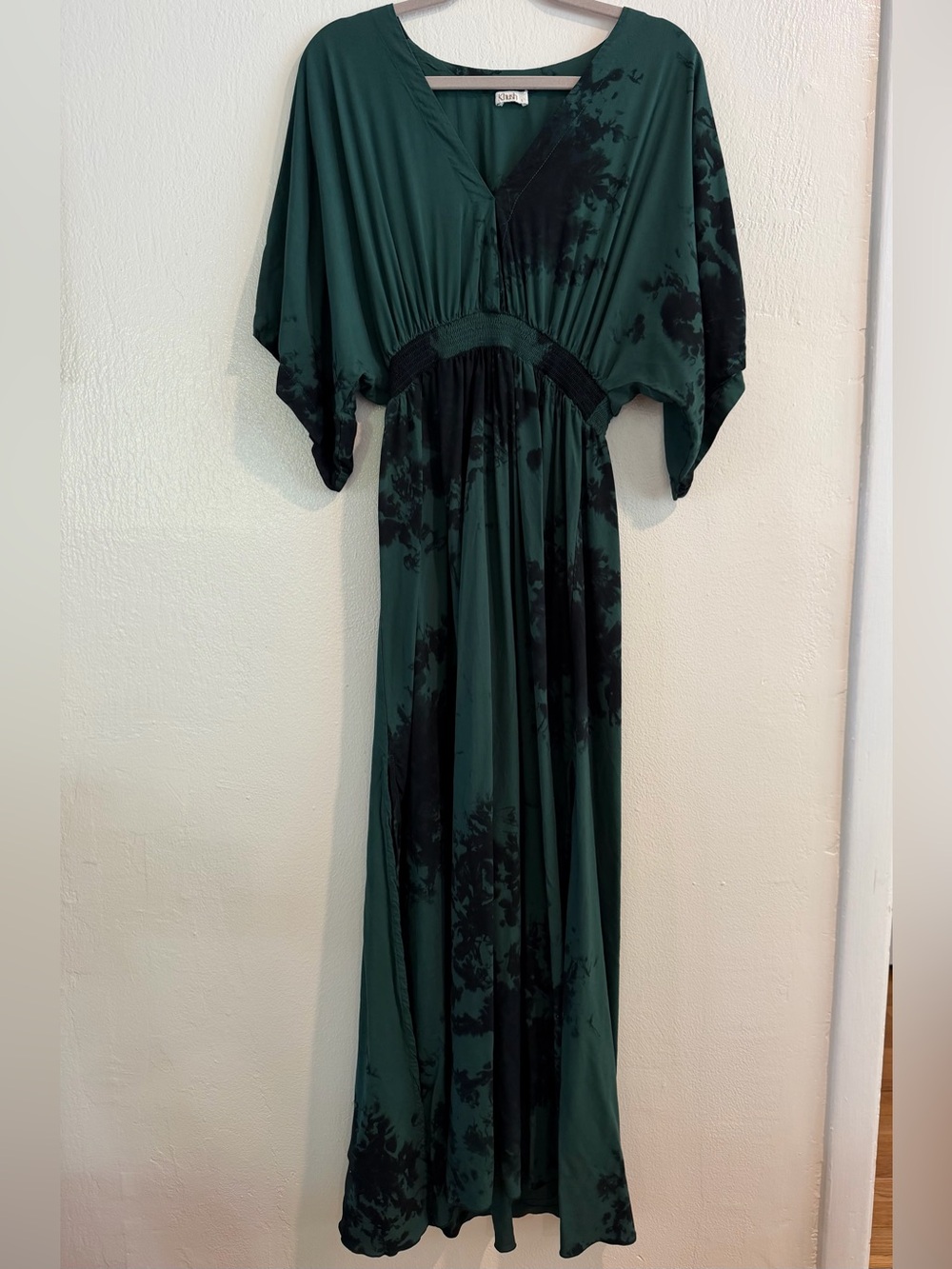 Kush Green Black Tie Dye Kimono Sleeve Boho Maxi Dress Size Large